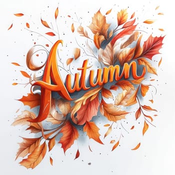 The artwork features the word Autumn in bold, vibrant letters, surrounded by a variety of colorful leaves, celebrating the beauty of fall.