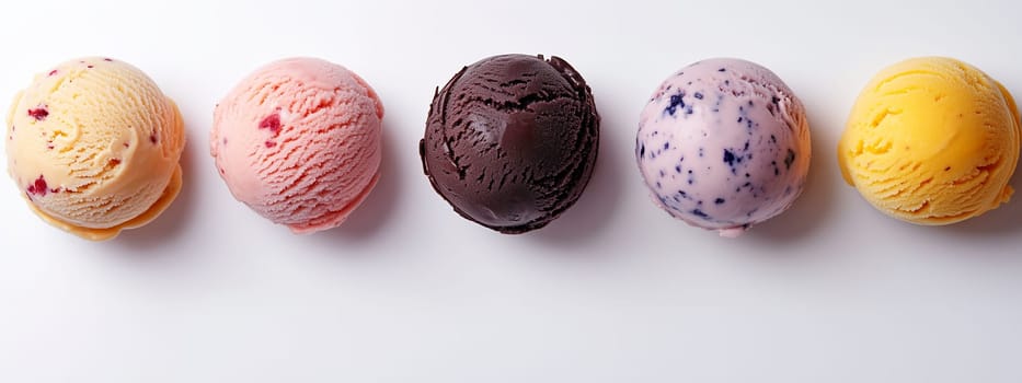 A delightful display of five ice cream scoops in various flavors. The vibrant colors enhance the appeal, making it ideal for summer celebrations or dessert options.