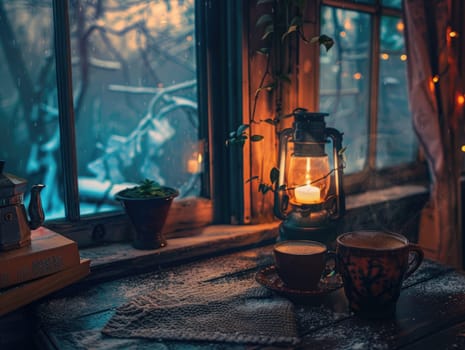 Soft light streams through the window as two cups of hot beverages sit on a wooden table, surrounded by warm decor and the glow of candlelight in a peaceful cabin.