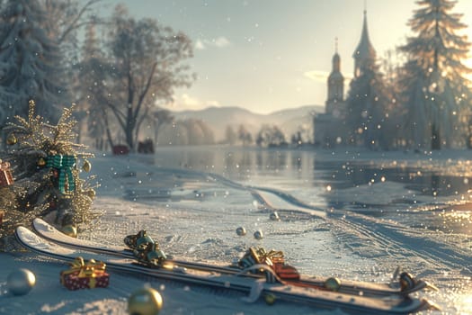 A snowy winter scene at sunset in a mountain village, with gift boxes, scattered ornaments, ski tracks, and a gently flowing river under the golden sunlight.