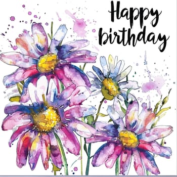 A beautiful birthday card showcases vibrant daisies in watercolor, with splashes of color surrounding the flowers. The message Happy Birthday is prominently displayed.