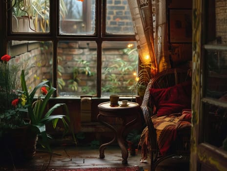 A serene corner showcases a comfortable chair and a small table with a cup of tea. Soft light filters through the window, highlighting the lush plants nearby.