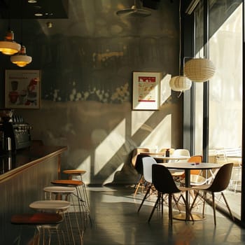 This cafe features stylish seating arrangements, warm lighting, and sunlight streaming through large windows, creating a welcoming environment for guests.
