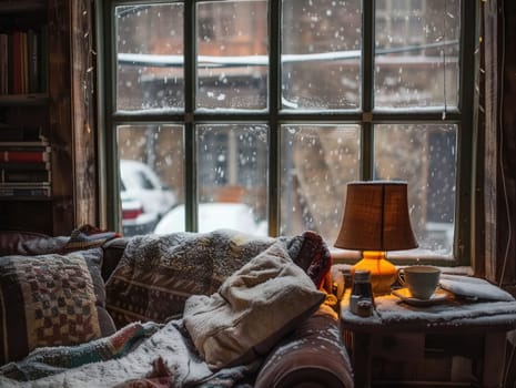 A warm and inviting living room features a cozy couch draped with blankets, a softly glowing lamp, and a snowy landscape visible through the window.