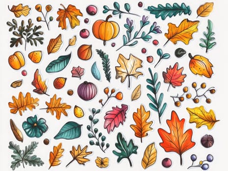 A collection of autumn leaves, pumpkins, and berries illustrated in rich colors captures the essence of fall. The artwork highlights the variety of seasonal flora.