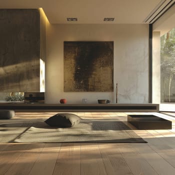 A spacious and stylish living room showcases a minimalist design with wooden flooring, soft cushions, and striking abstract artwork bathed in warm, natural light.