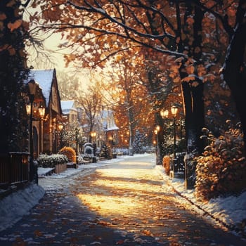 The pathway is illuminated by soft lamplight, surrounded by trees with vibrant autumn leaves. A light dusting of snow adds a tranquil touch to the scene during the evening.