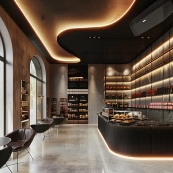 This contemporary cafe showcases an open layout with elegant seating, a beautifully crafted display counter, and warm lighting, creating a cozy atmosphere for patrons to enjoy.