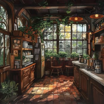 Sunlight streams through large windows in a kitchen adorned with plants and rustic wooden furniture. A warm, inviting ambiance surrounds the room filled with kitchenware.