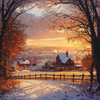 A picturesque countryside scene captures a rustic farmhouse surrounded by snow-dusted fields and vibrant autumn trees, illuminated by a stunning winter sunset.