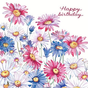 A beautiful arrangement of pink, blue, and white flowers fills the canvas, accented by a heartfelt birthday greeting above, perfect for celebrating special occasions.