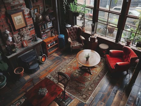 A warm and inviting urban living room features vintage furniture, large windows allowing natural light, and a wooden floor adorned with plants and decor.