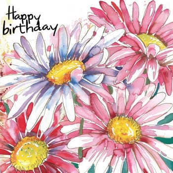 A vibrant watercolor card showcases colorful daisies in pink and white hues, adorned with a joyful birthday greeting, perfect for celebrating a special day.