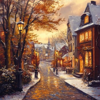 In a quaint neighborhood, warm light spills from windows of historic homes while snow blankets the ground, creating a serene atmosphere during a crisp autumn evening.