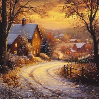 As autumn descends, a peaceful village comes to life with golden hues at dusk. Wooden houses are illuminated warmly, surrounded by scenic nature and a snow-dusted road.