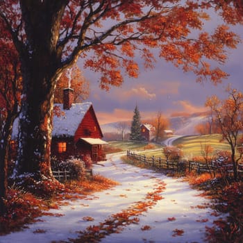 A quaint red cabin sits amidst vibrant autumn foliage as colorful leaves blanket the ground. A gentle snow begins to fall, creating a serene atmosphere at dusk.