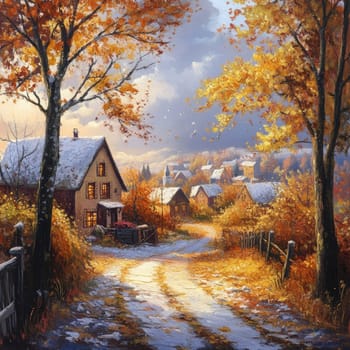 A serene rural scene captures cozy cottages amidst vibrant autumn trees, with a winding path leading through fallen leaves as the sun sets on the horizon.