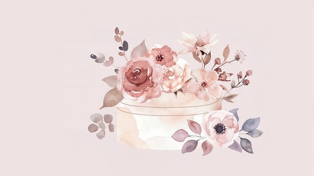 Softly colored watercolor flowers fill a round white vase, creating an elegant centerpiece that enhances a simple, minimalist environment.