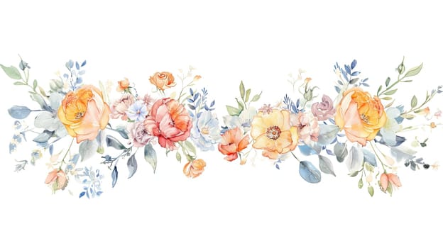 A stunning arrangement of watercolor flowers blooms vibrantly, showcasing various colors and types including roses and peonies, set against a clean white backdrop.