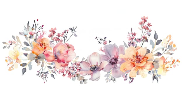 An artistic arrangement of various flowers including peonies and small blossoms showcased against a clean white backdrop, creating a vibrant and inviting appearance.