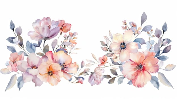 A beautiful watercolor floral composition showcases an array of soft pink, peach, and blue flowers intertwined with delicate leaves, perfect for various design applications.