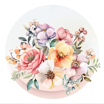 This artwork showcases a beautiful arrangement of various flowers, including pink, red, and white blossoms, elegantly combined with delicate greenery, creating a harmonious design.