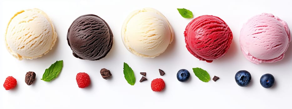 Four scoops of ice cream in different flavors sit neatly in a row, surrounded by fresh raspberries, blueberries, and mint leaves, creating a vibrant and appealing display.