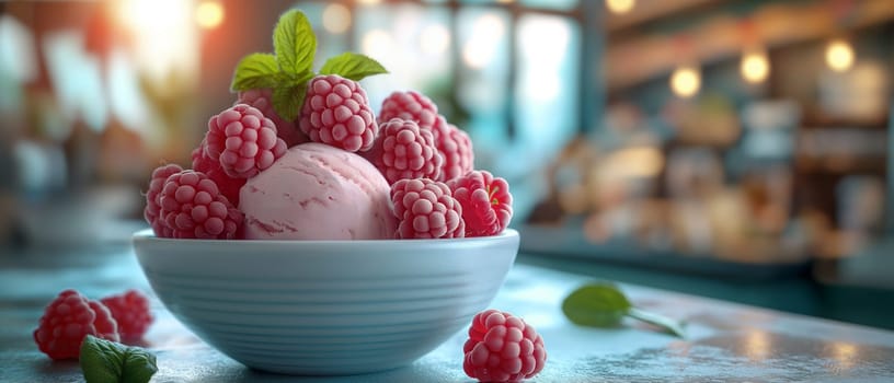 Ice cream with berries in a cup on the table. Selective focus.