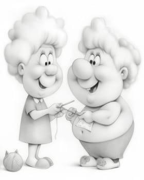 Monochrome illustration happy grandmothers knitting on a white background. Selective focus.