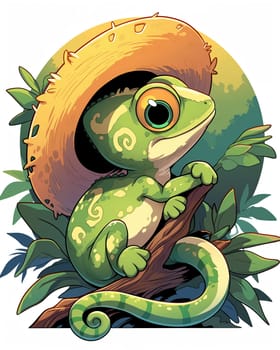 Illustration for children, cute chameleon on white background. Selective focus.