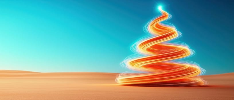 vibrant Christmas tree made of swirling light stands out against clear blue sky.