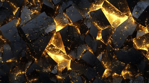 This artwork showcases a beautiful blend of golden fragments set against a dark, textured backdrop, creating a striking contrast and a dynamic visual appeal.