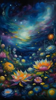 Beautiful and vibrant oil painting showing colorful flowers blooming under a starry night sky. This painting evokes a sense of peace and tranquility