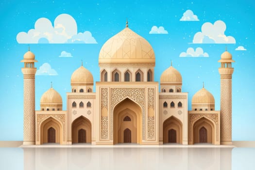 Intricate mosque illustration with golden domes and blue sky.