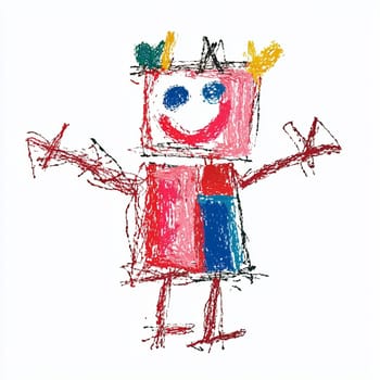 Joyful child's crayon drawing of a whimsical figure with spiky hair, radiating innocence and creativity