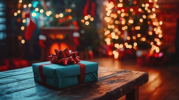 Festive christmas gift wrapped in red ribbon with glowing holiday lights and decorated tree.