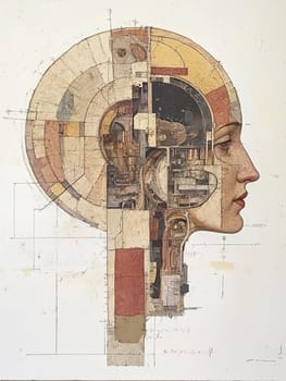 Artistic representation of a woman's profile with a complex network of gears dissecting her head, symbolizing the intricate workings of the human mind