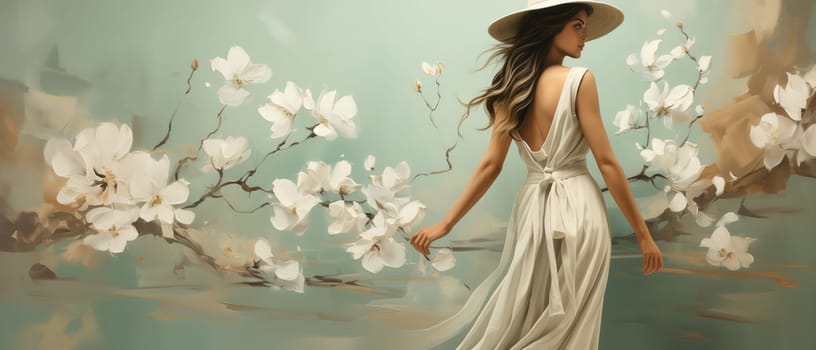 Abstract painting, painting woman in hat and flowers.on textured background. Selective focus.
