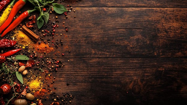 A variety of fresh herbs, colorful peppers, and an array of spices are artistically laid out on a dark wooden table, creating a visually appealing setup for cooking.