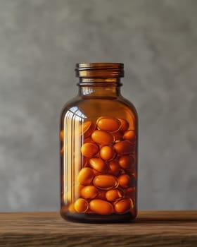 Bottle with pills on table on blurred background of room. Selective focus.