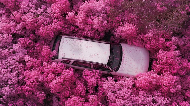A white car is nestled among an abundance of vivid pink flowers, vividly illustrating the beauty of springtime in this colorful landscape.
