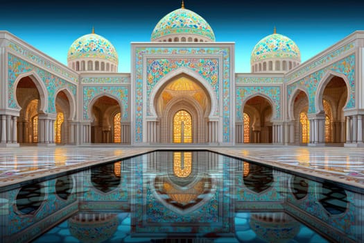 Intricate mosque architecture with colorful domes and reflective water.