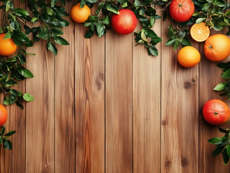 Sukkot celebration background with citrus and greenery on wooden surface.