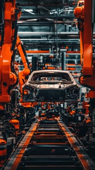 Orange robotic arms assembling car body on production line, showcasing advanced automation technology in modern automotive manufacturing facility.