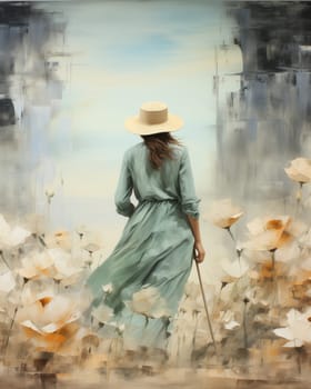 Painting woman in hat walking among flowers, abstract painting. Selective focus.