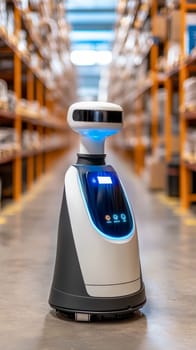 Sleek white autonomous robot with blue illumination navigating a modern warehouse aisle, showcasing advanced logistics and inventory management technology.
