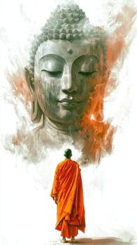 Buddhist monk wearing an orange kasaya walking on a stone surface towards a giant buddha head