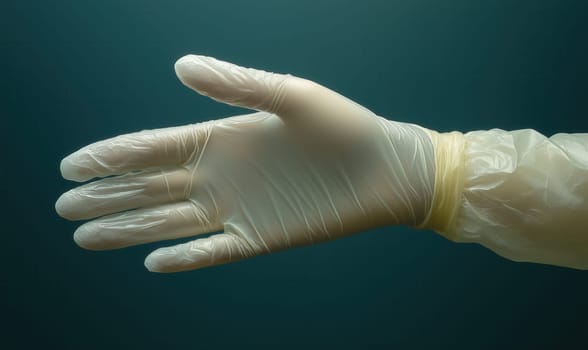 Hand in a white latex glove on a green background. Selective focus.