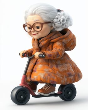Cartoon elderly woman in stylish clothes riding a roller, on a white background. Selective focus.