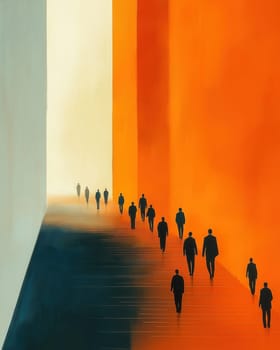 City life, people walk up the stairs, on an abstract background. Selective focus.